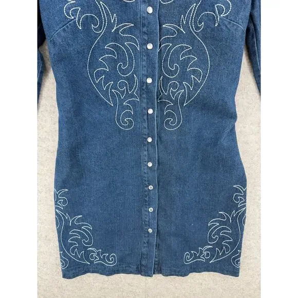 NWT Avec Les Filles Western Portrait-Neck Snap-Front Embroidered Denim Dress - Picture 10 of 11